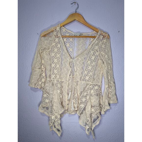 Haute Monde Boho Lace Cardigan Cream Sheer Floral Tie Front Handkerchief Hem S - Picture 1 of 8